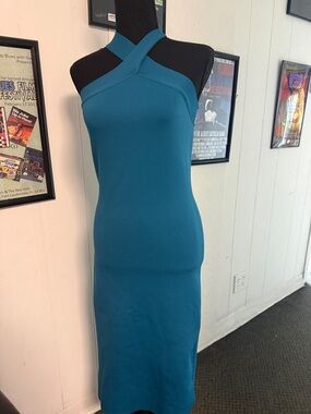 Sincerly Jules Teal One-Shoulder Cross-Strap Midi Dress
